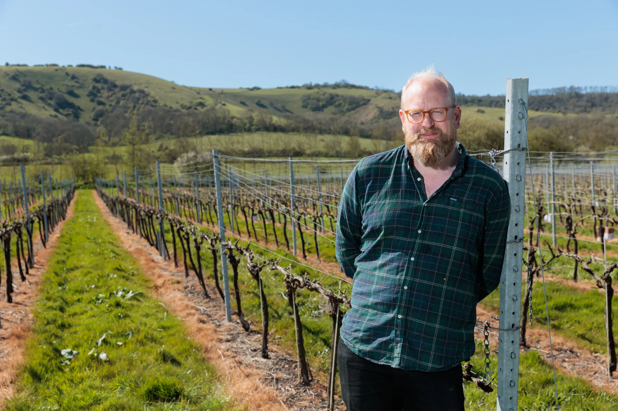 Luke Spalding viticulturalist at Everflyht Estate vineyard, South Downs Sussex