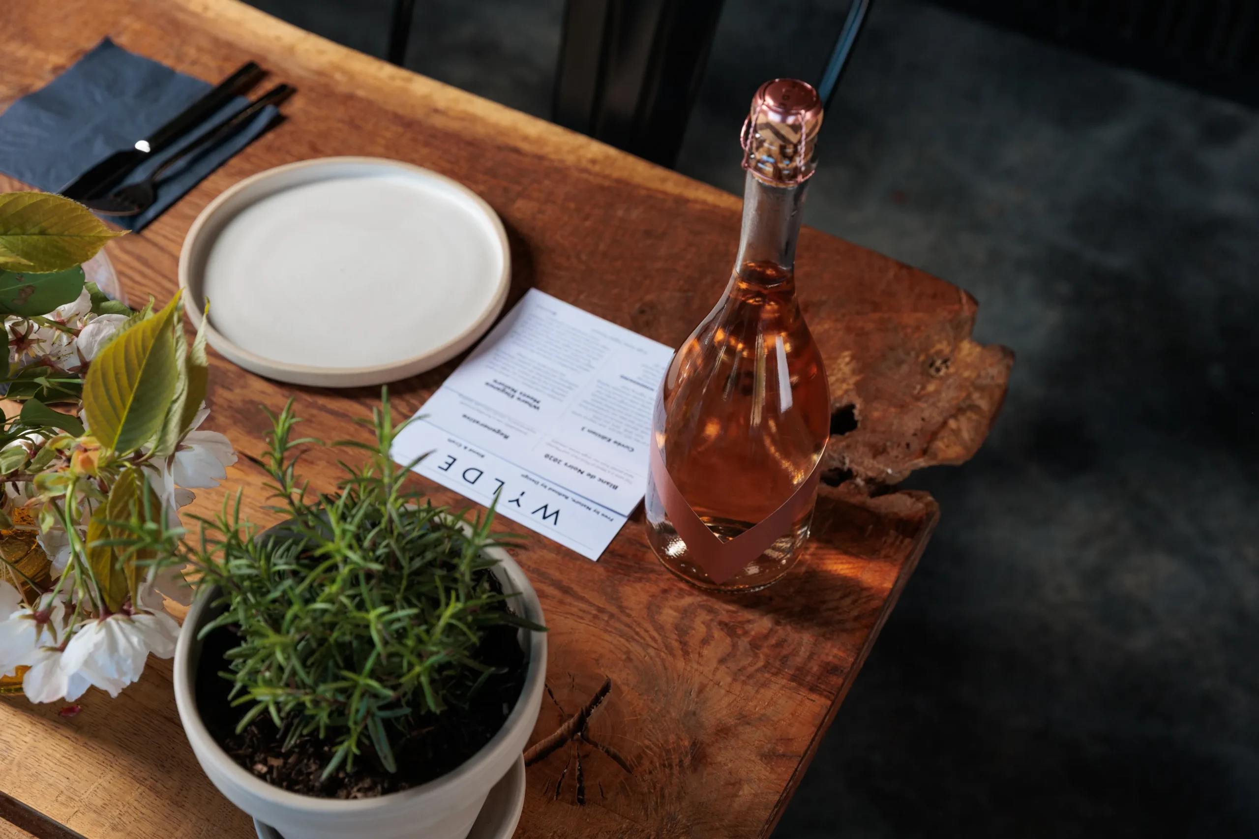 Wylde Charmat method English sparkling wine at a restaurant table setting